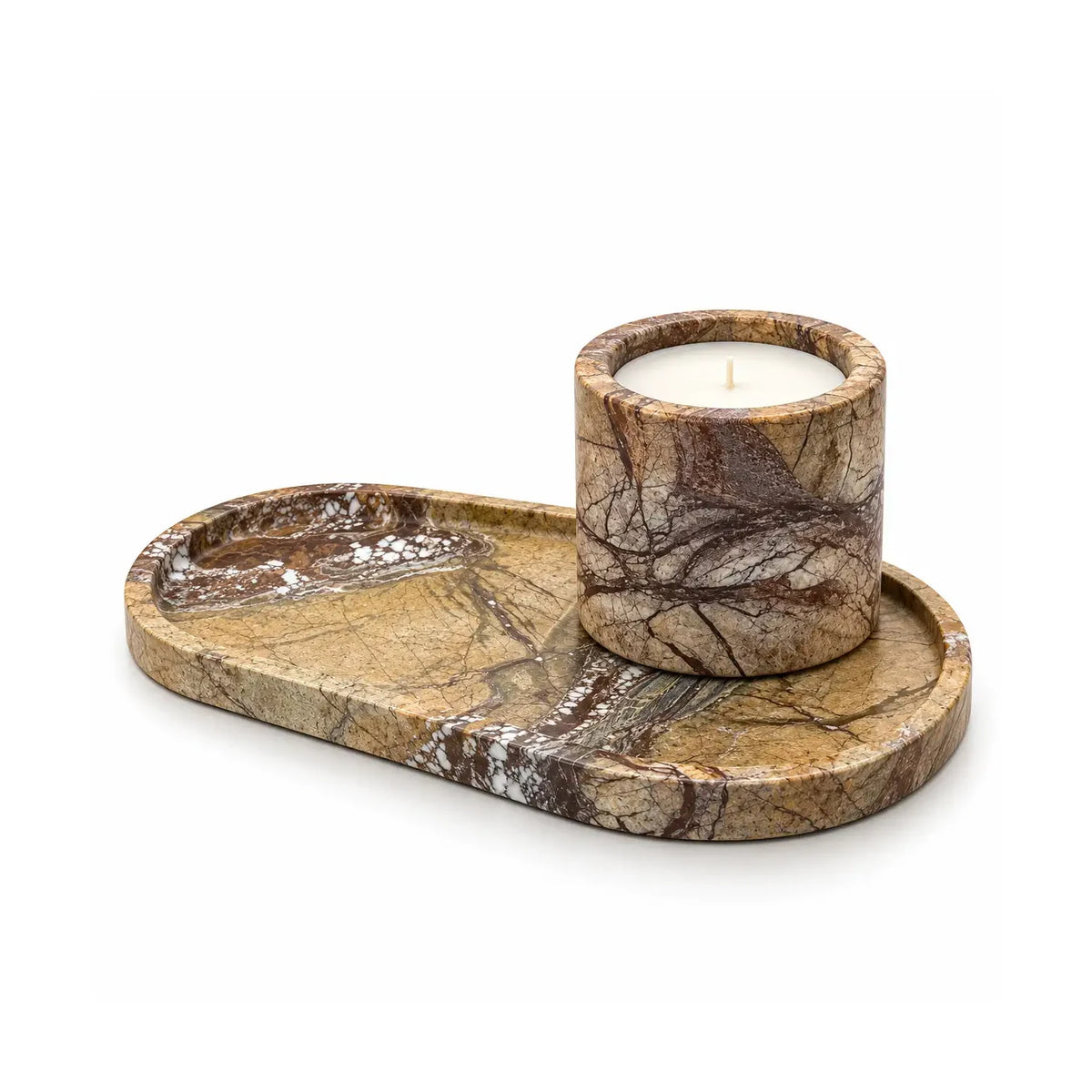 Veyra Rainforest Brown Marble Tray & Candle Vessel Set — product view