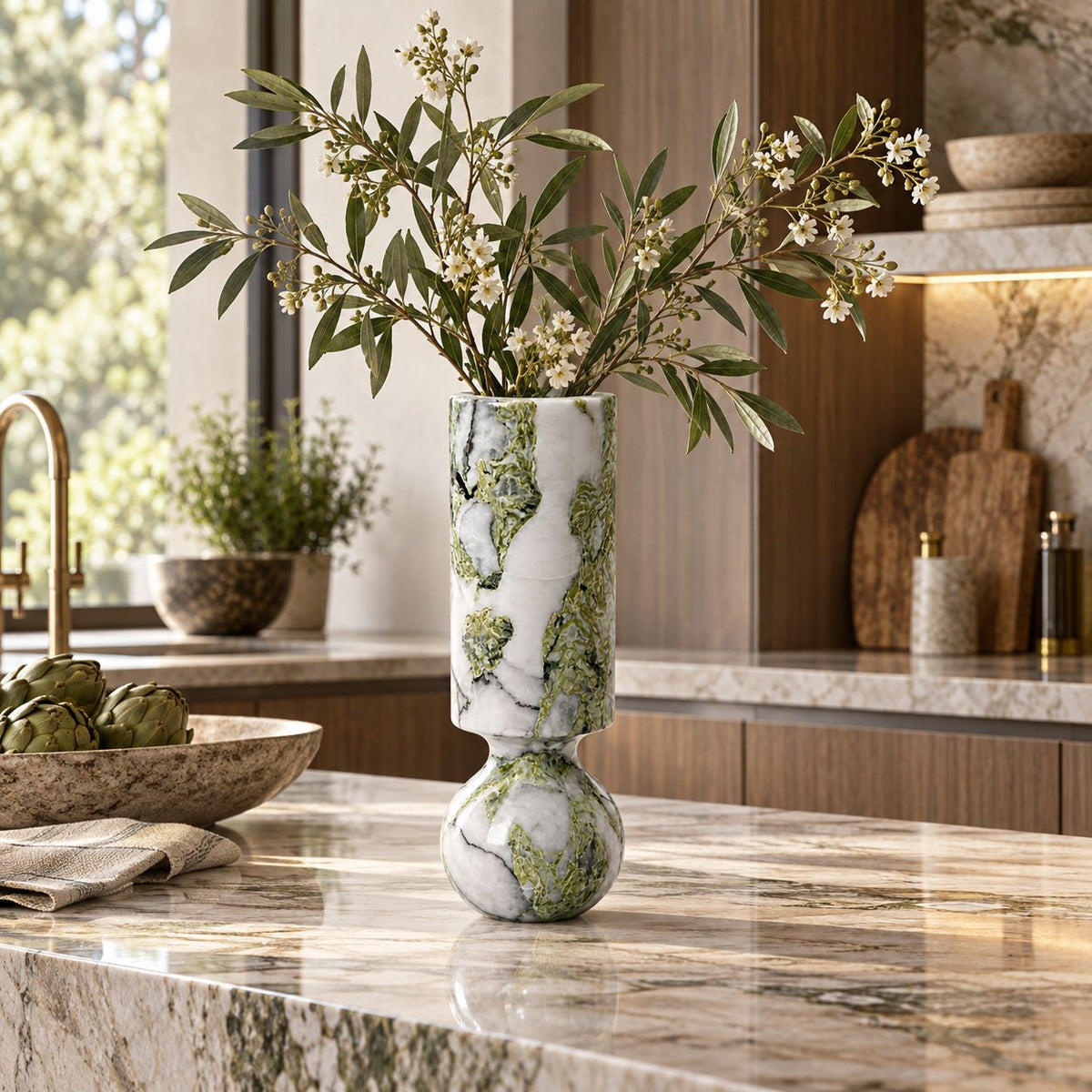 Verdant Relic natural stone vase on a luxury kitchen island