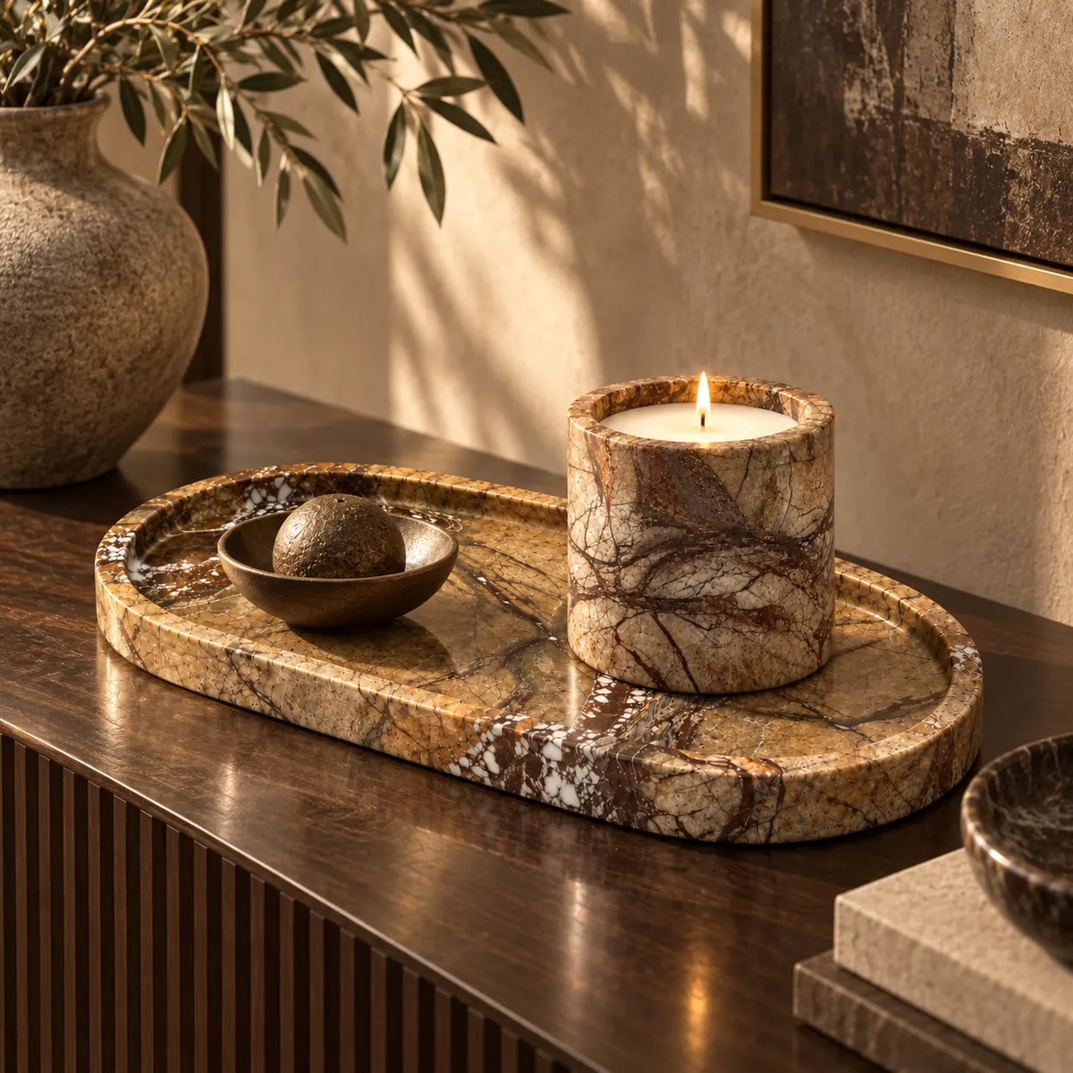 Veyra Rainforest Brown Marble Tray & Candle Vessel Set — alternate product view 2