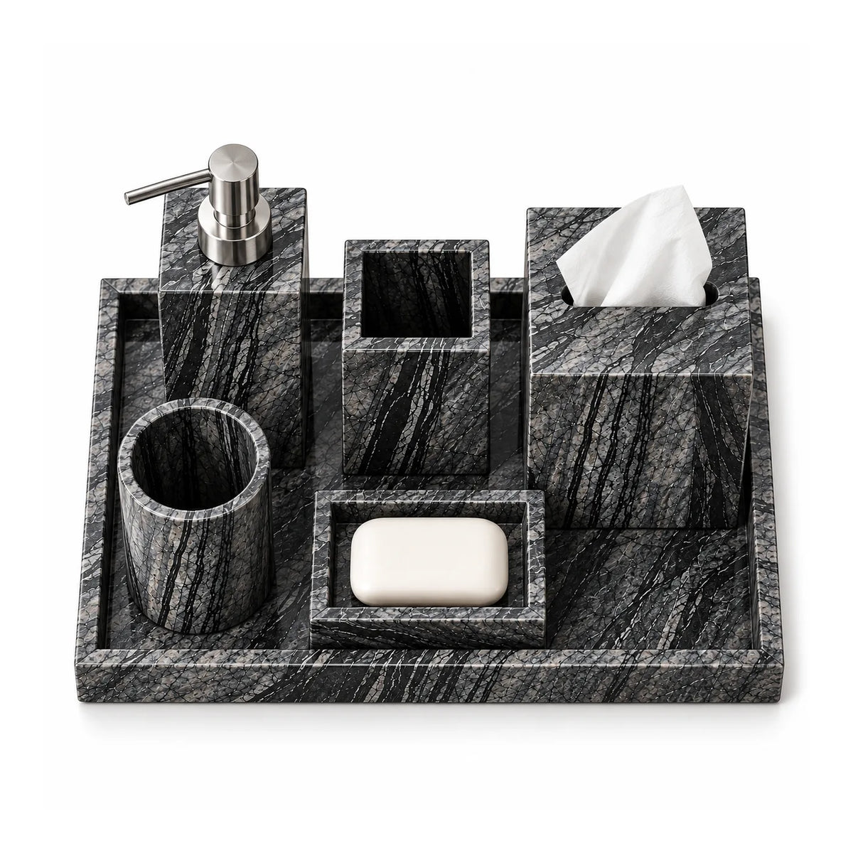 Top view of Ancient Timber marble hospitality objects set