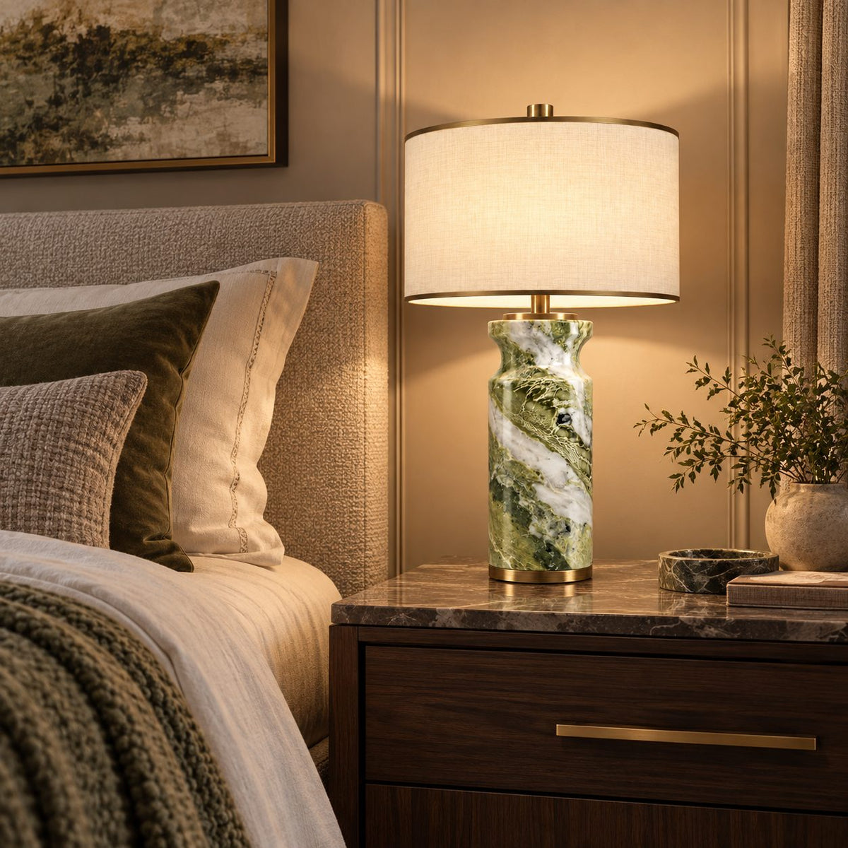 Verdant Relic table lamp in a warm luxury bedroom