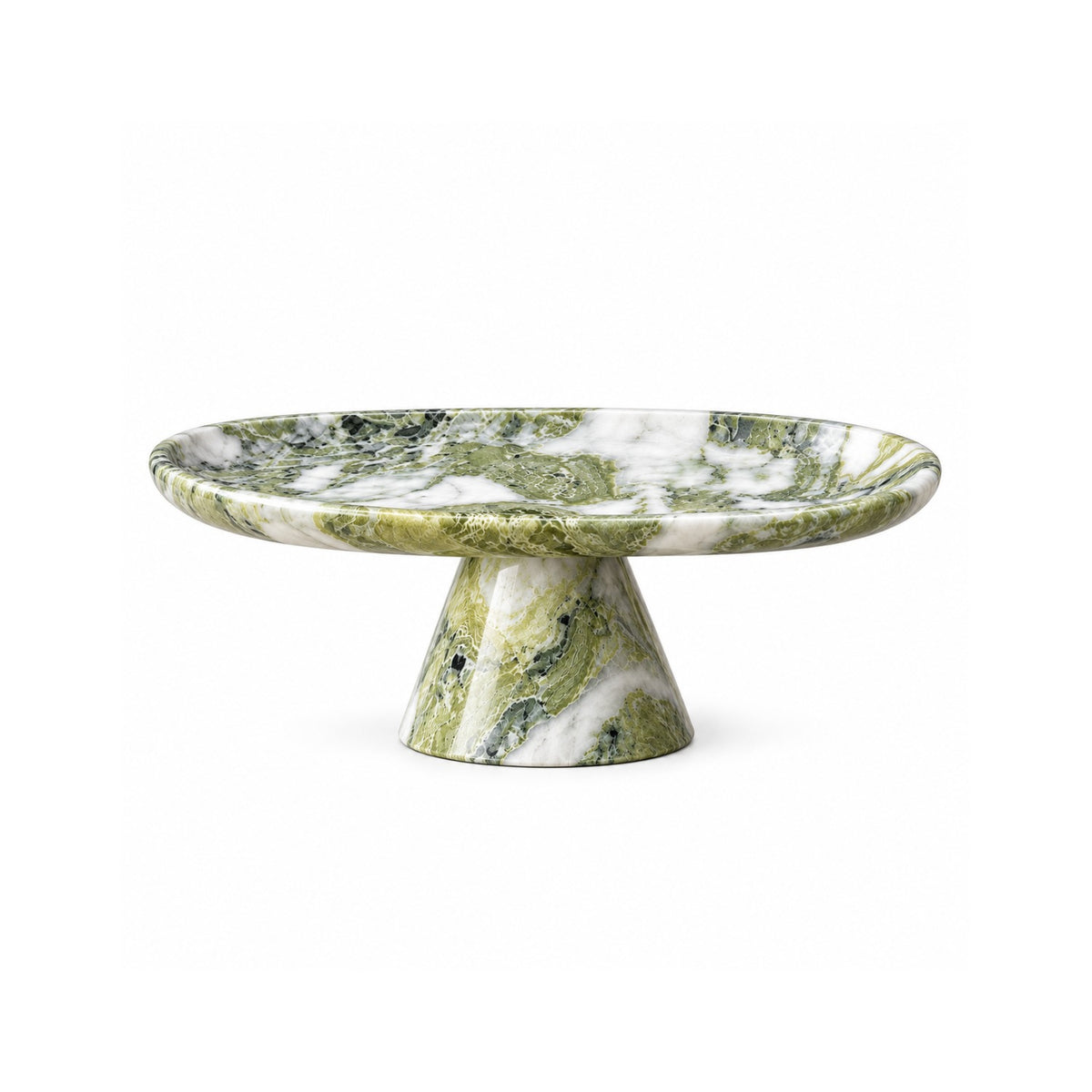 Side view of Verdant Relic pedestal tray showing sculptural stone base