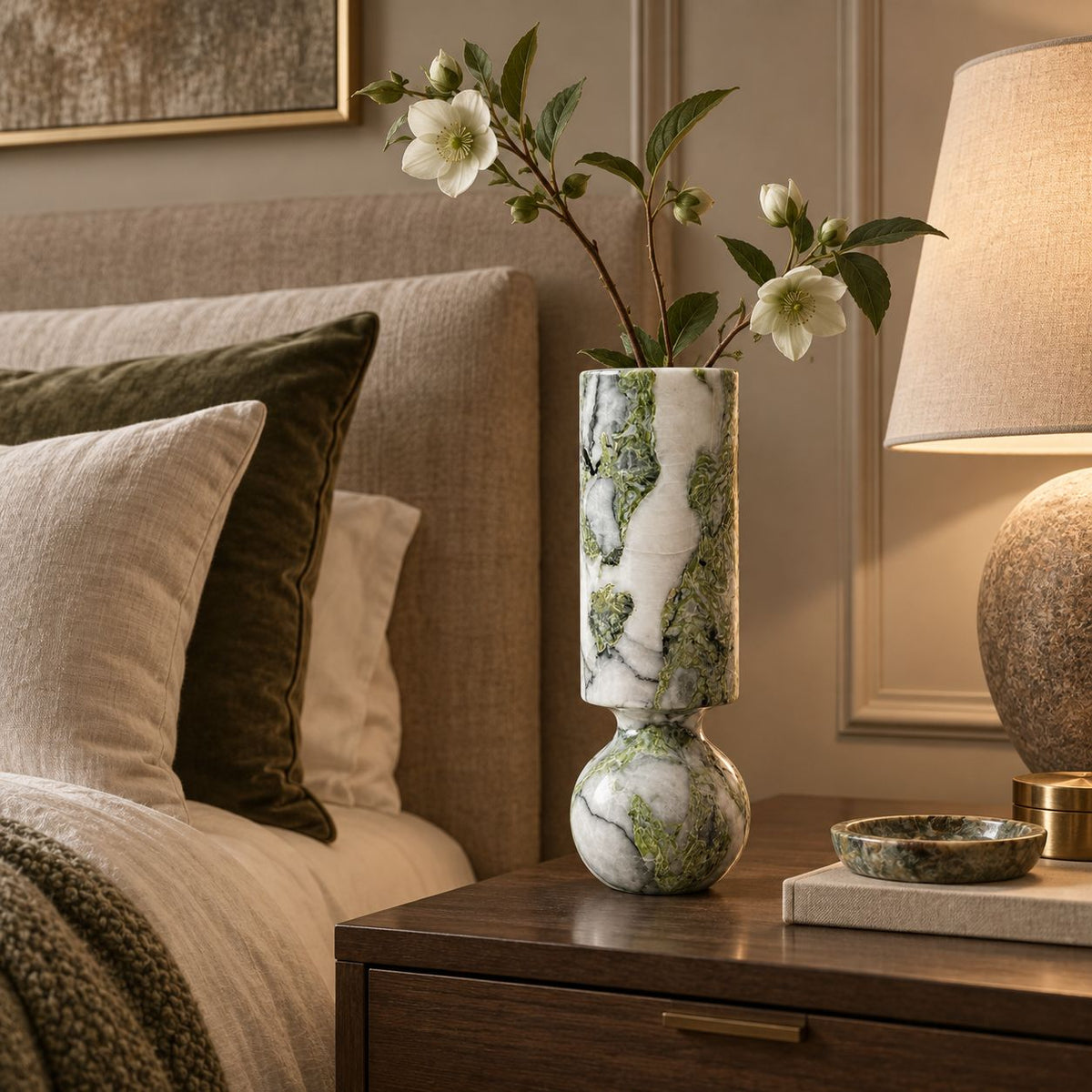 Verdant Relic sculptural vase in a warm luxury bedroom