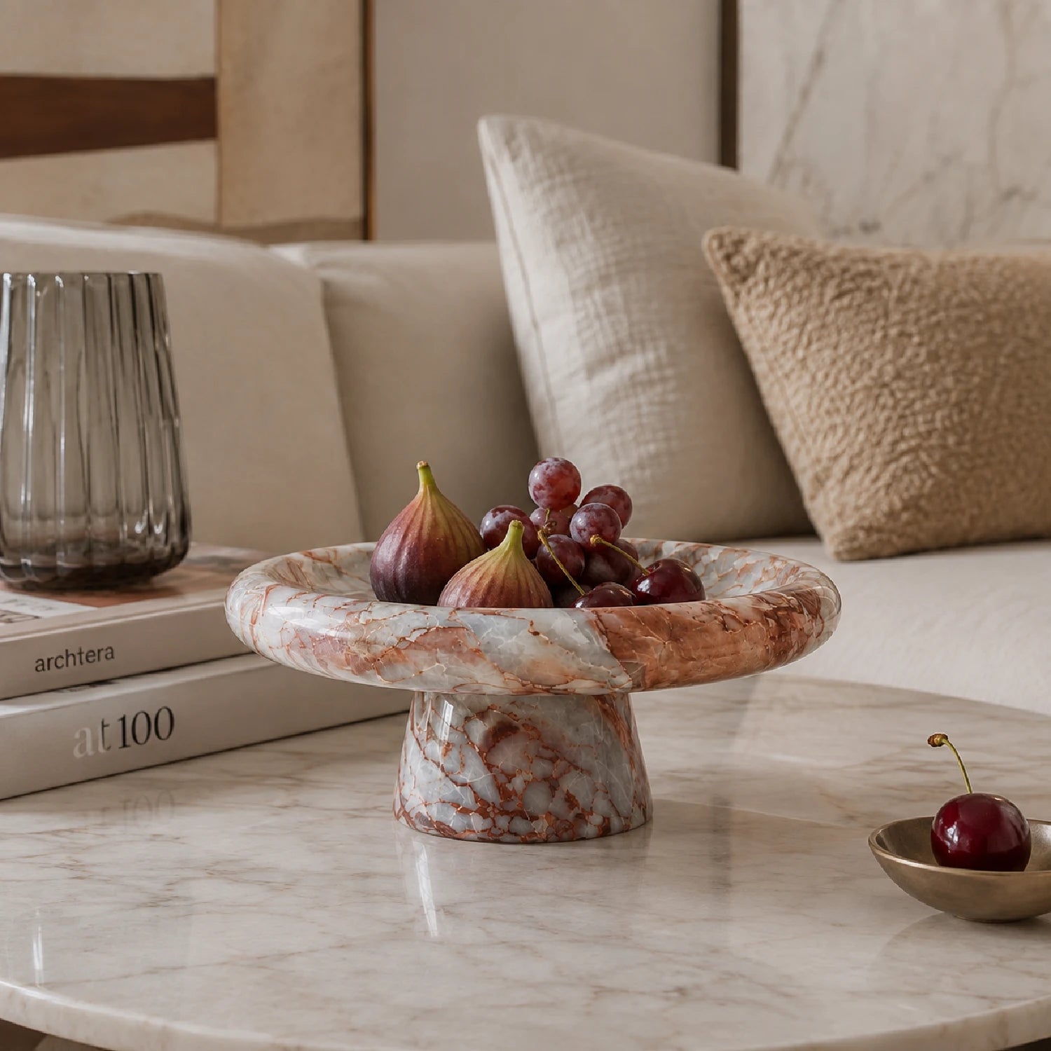 Aurelia natural stone pedestal tray styled with fruit