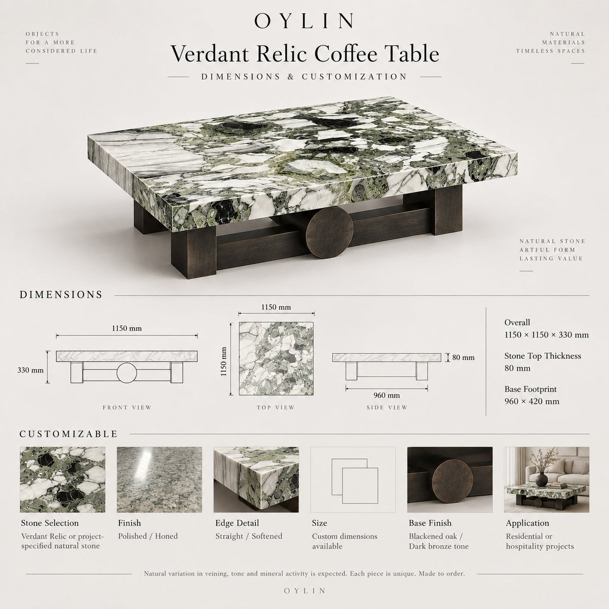 Verdant Relic coffee table dimensions and customization options