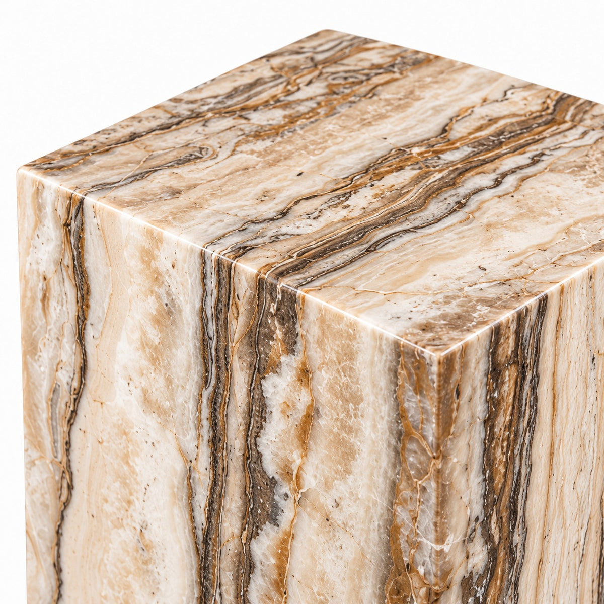 Top and edge detail of Tiramisu Strata natural stone pedestal