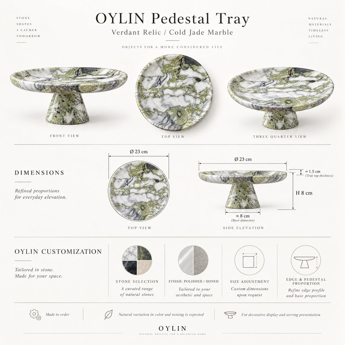 Verdant Relic round pedestal tray dimensions and customization guide