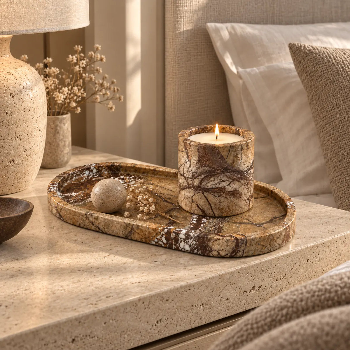 Veyra Rainforest Brown Marble Tray & Candle Vessel Set — alternate product view 4