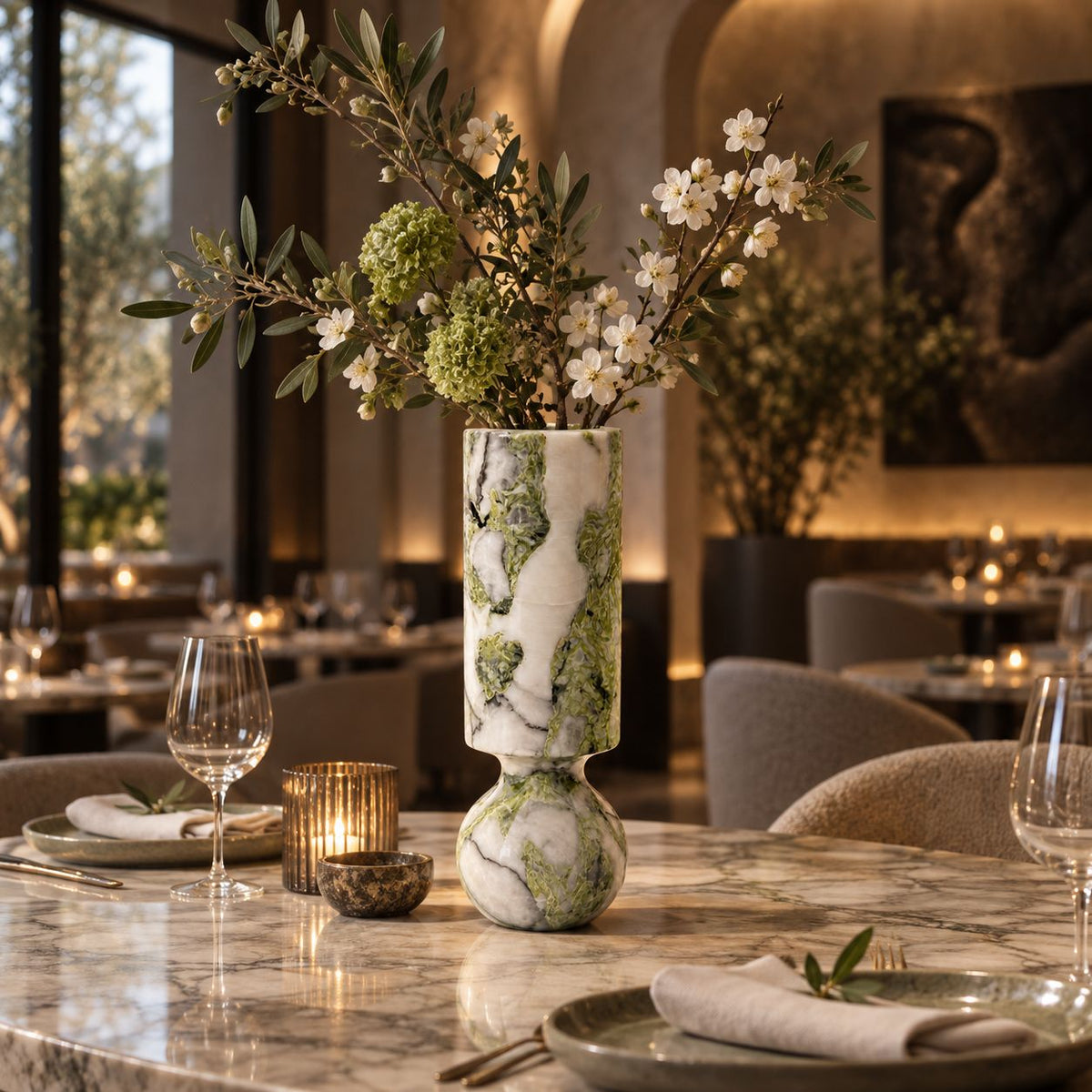 Verdant Relic vase in an art dining interior