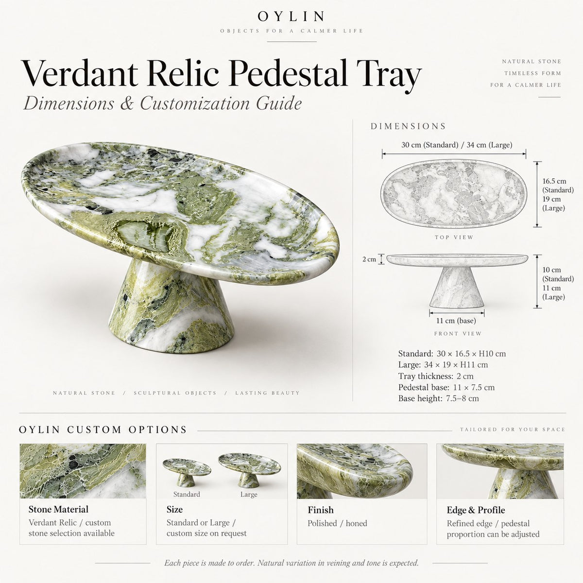 Verdant Relic Pedestal Tray dimensions and customization options