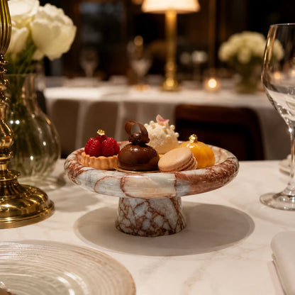 Aurelia natural stone pedestal tray serving pastries in a dining setting