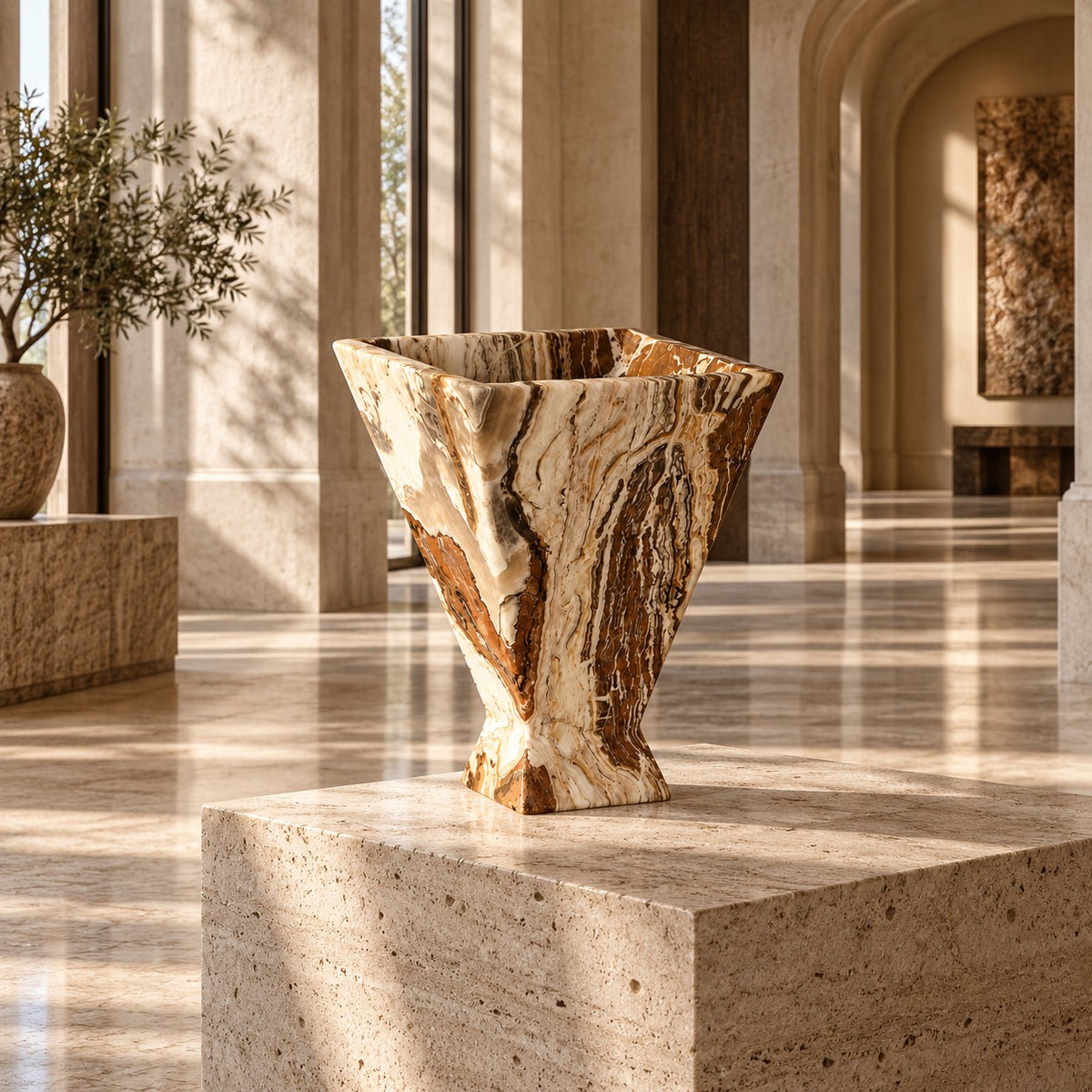 Tiramisu Strata sculptural pedestal vessel in an artistic restaurant interior
