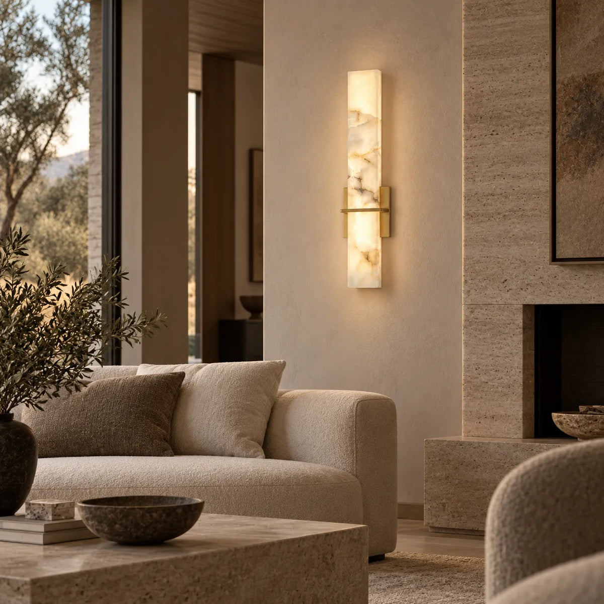 Solenne natural alabaster wall sconce in an architectural living room