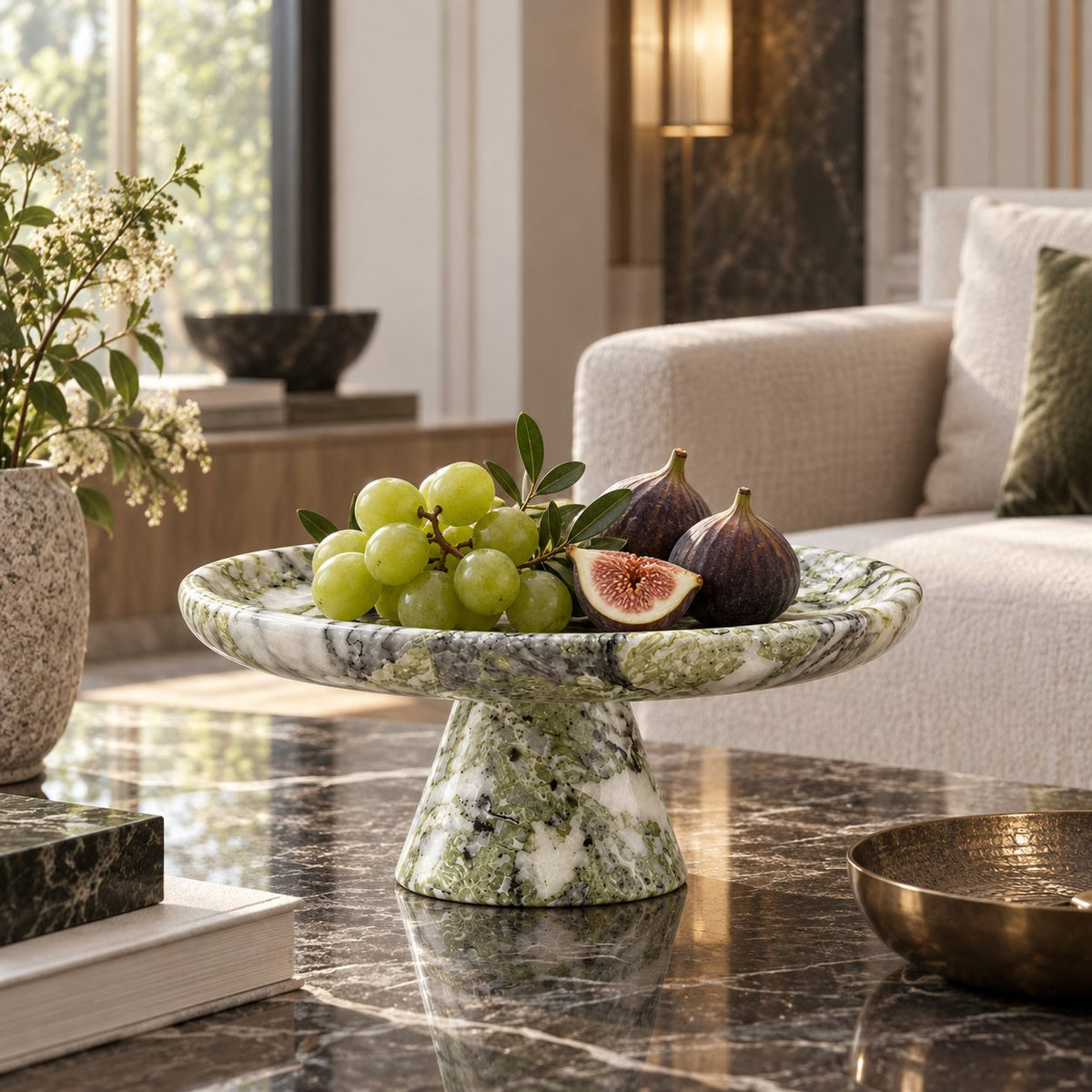 Verdant Relic round pedestal tray in a luxury private lounge