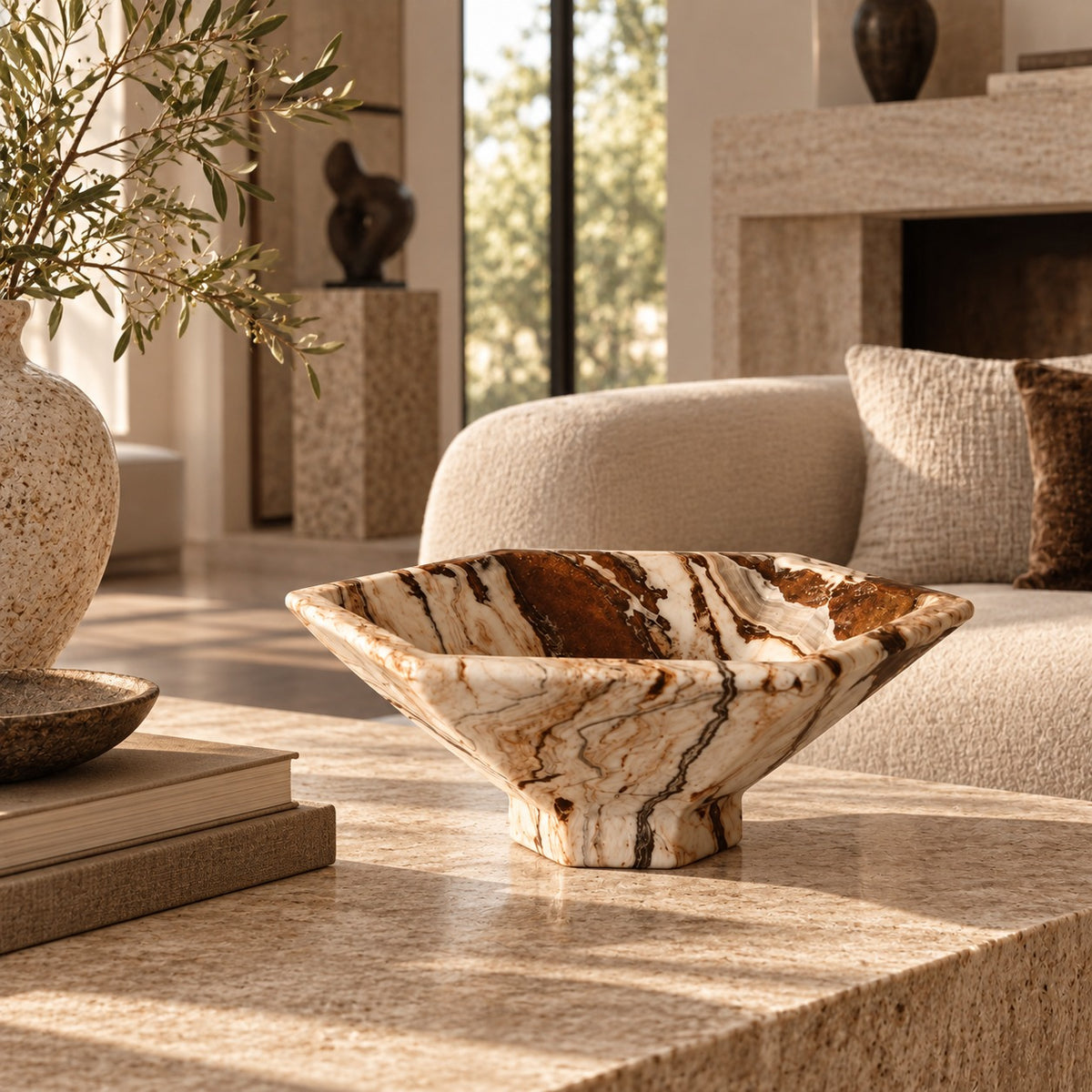 Tiramisu Strata stone bowl styled in an architectural entrance interior