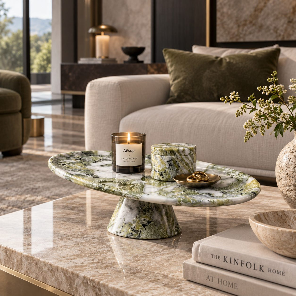 Verdant Relic pedestal tray styled in a luxury private lounge