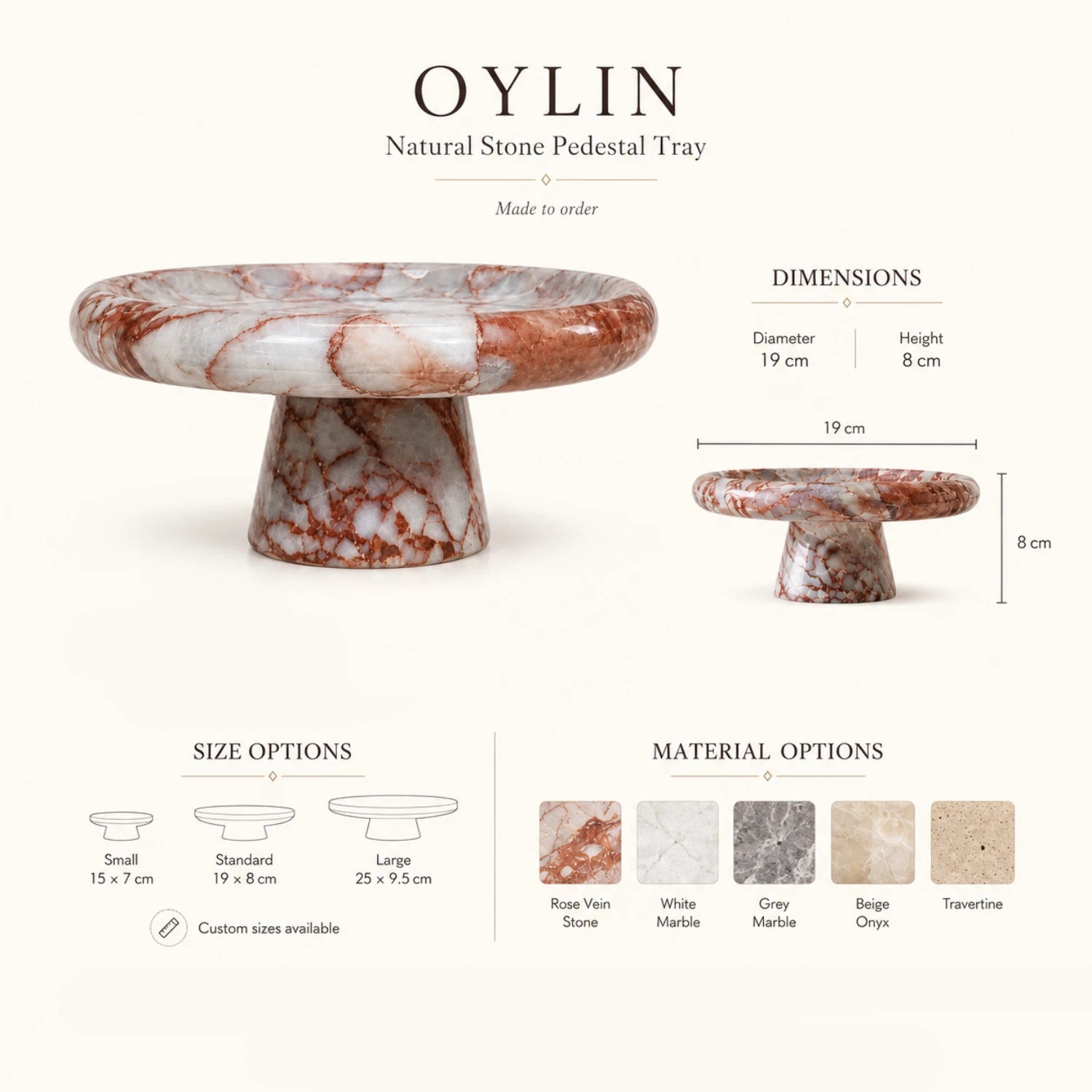 Aurelia pedestal tray dimensions and material customization options