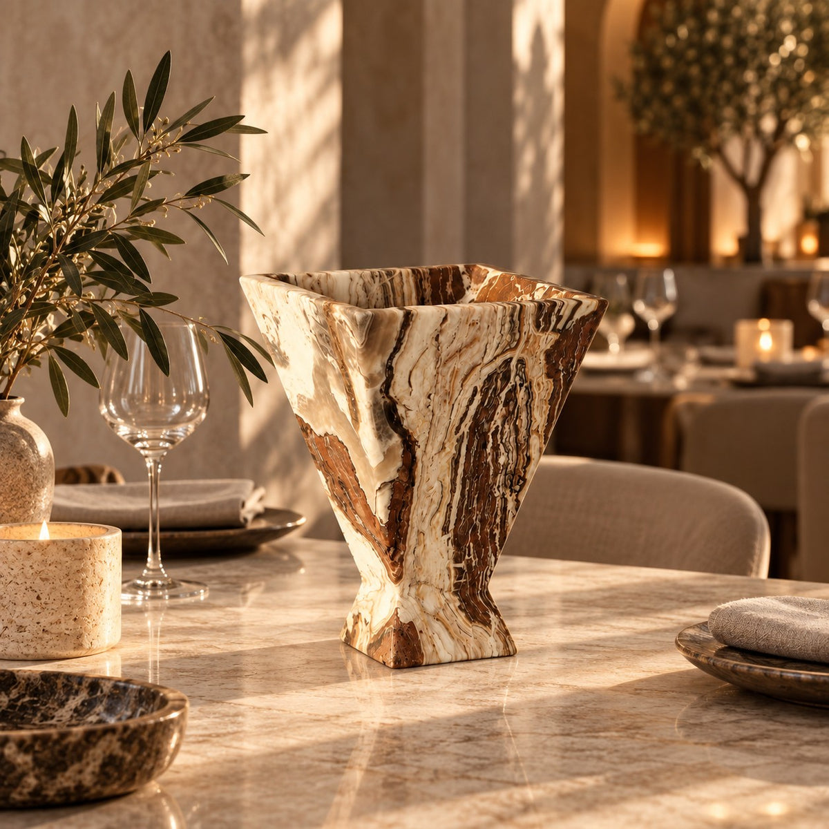 Tiramisu Strata pedestal vessel displayed in a gallery interior