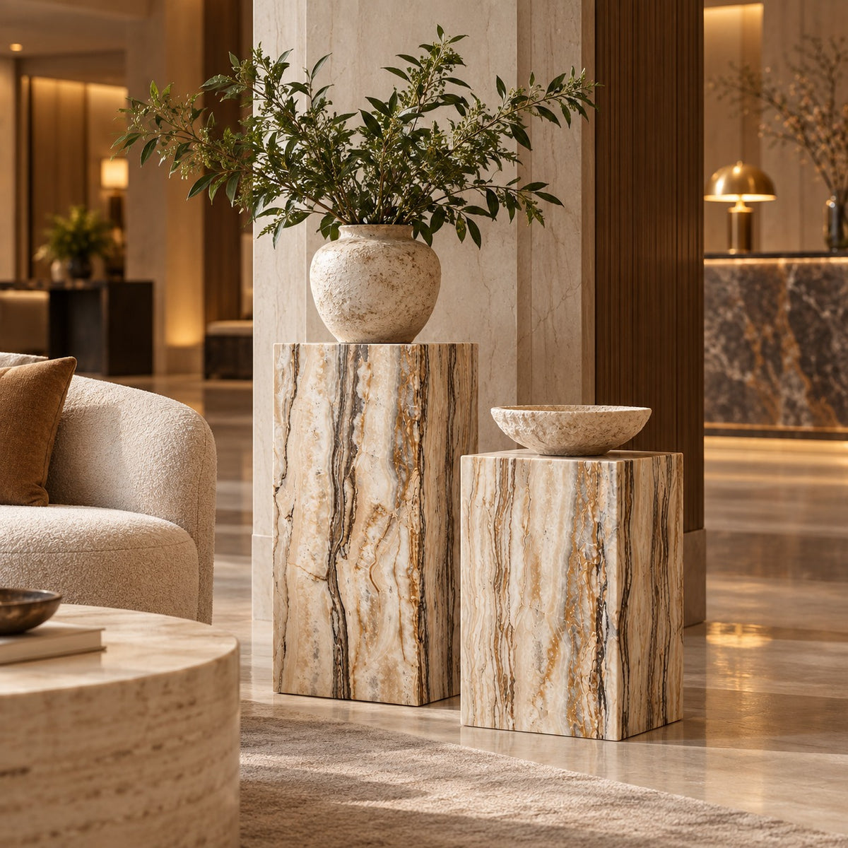 Tiramisu Strata stone pedestal in a luxury residential entrance hall