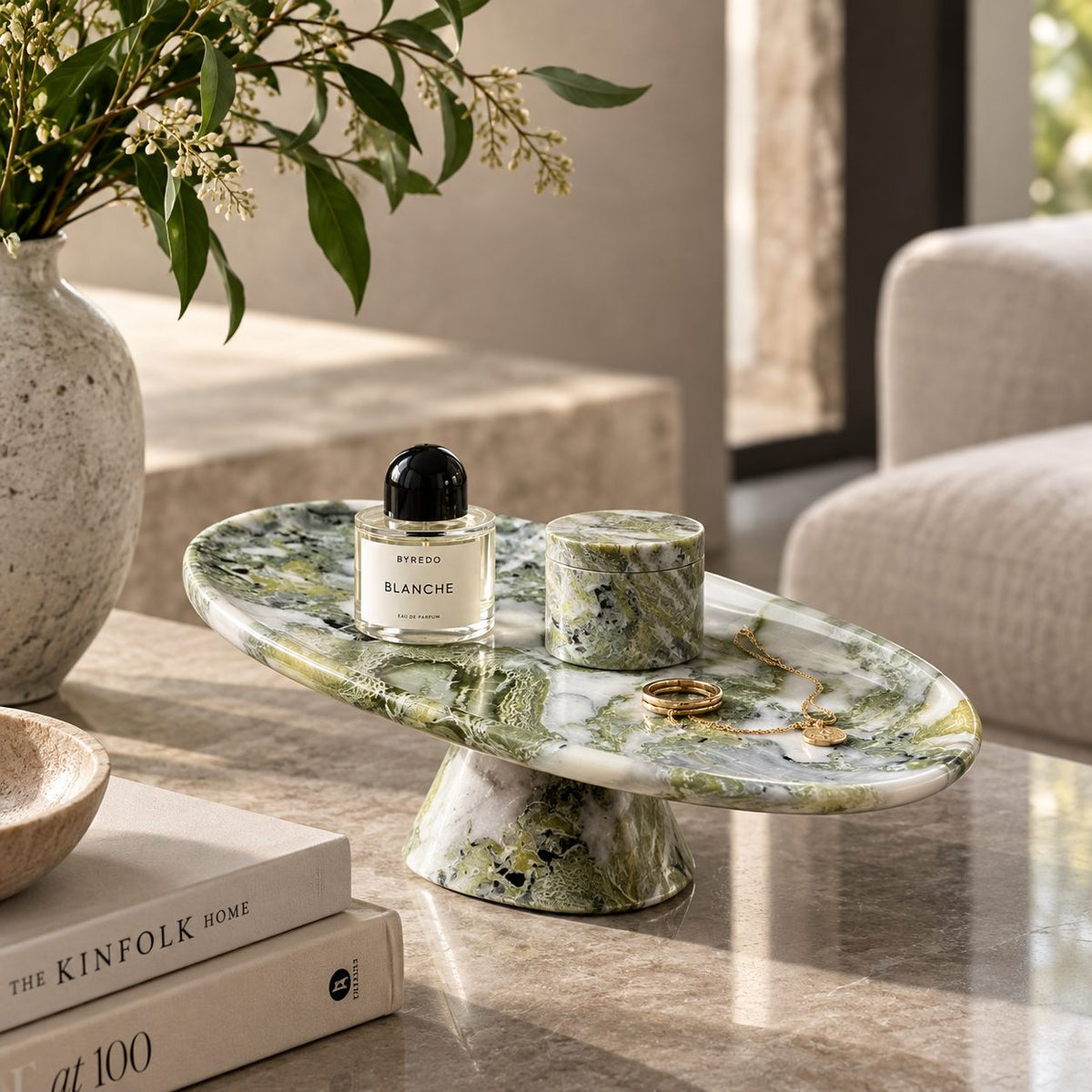 Verdant Relic natural stone tray styled with fragrance and jewellery