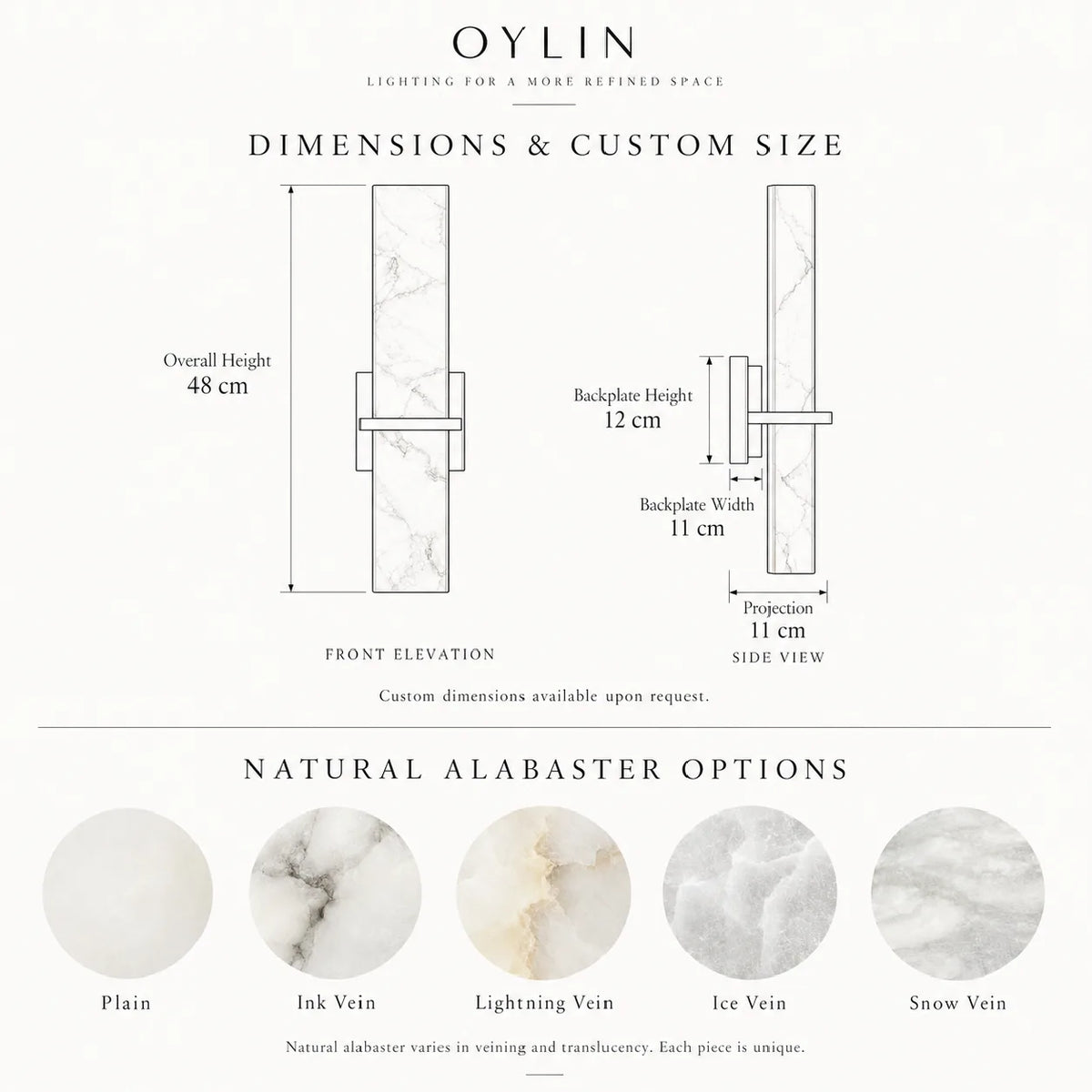 Solenne wall sconce dimensions and natural alabaster options