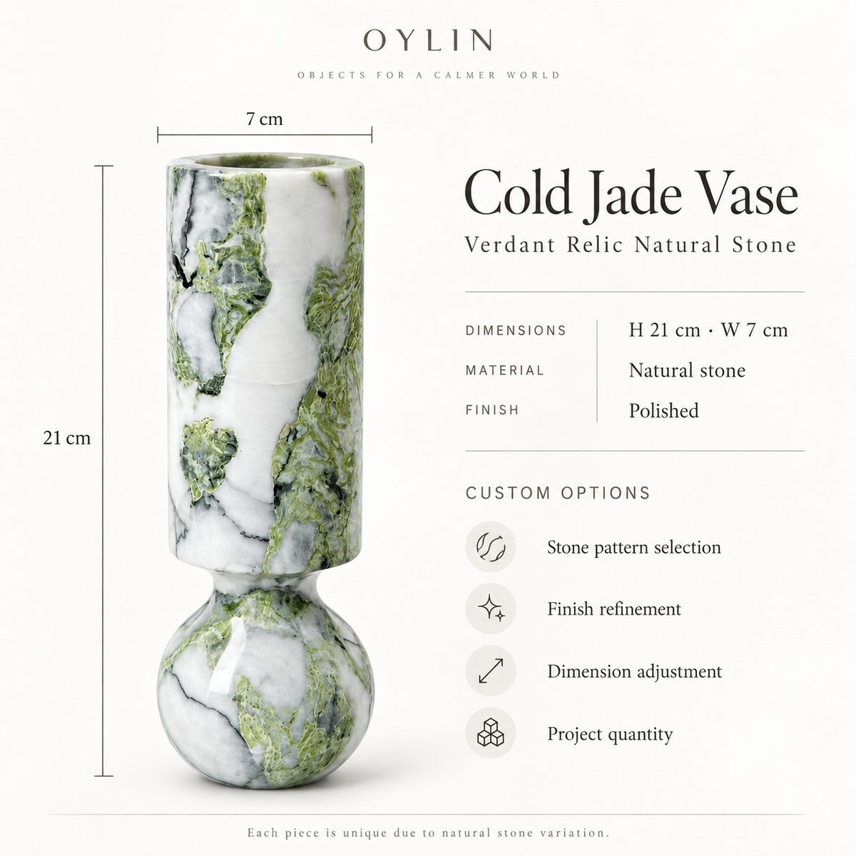 Verdant Relic sculptural vase dimensions and customization options