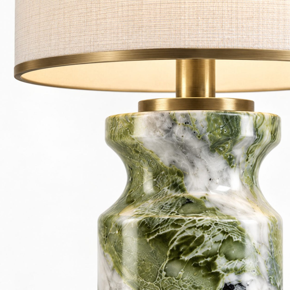 Detail of Verdant Relic stone brushed brass and linen shade