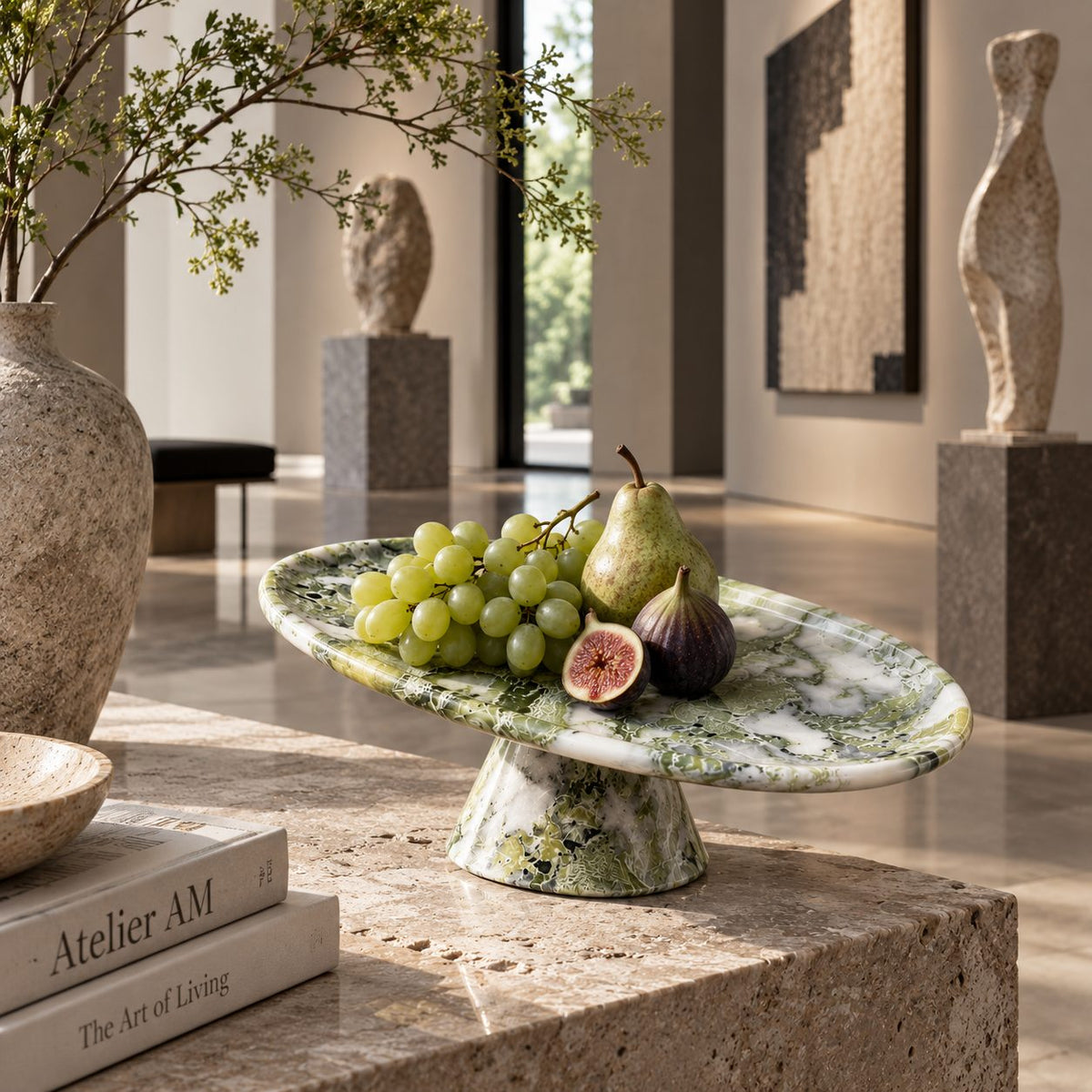 Verdant Relic pedestal tray with fruit in a gallery interior