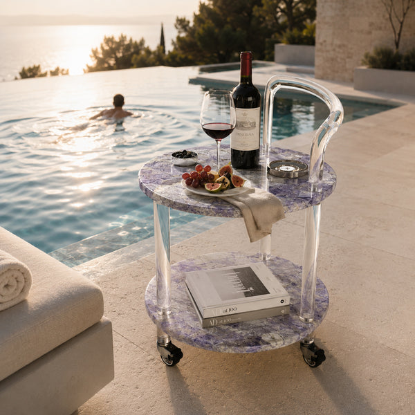 Lavender Mist | Two-Tier Natural Luxury Stone & Acrylic Bar Cart