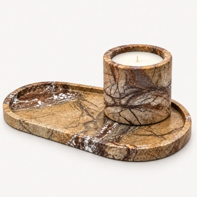 Veyra Rainforest Brown Marble Tray & Candle Vessel Set