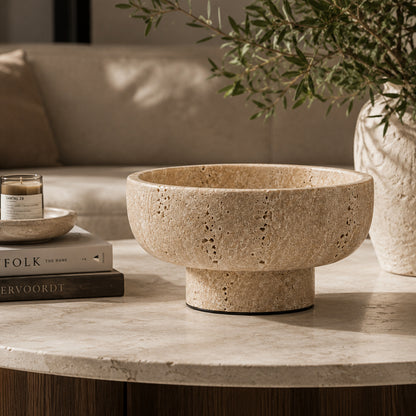 Alternate view of the Terra vessel in Cream Travertine