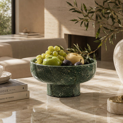 Terra Verde Alpi Marble pedestal bowl in a styled setting