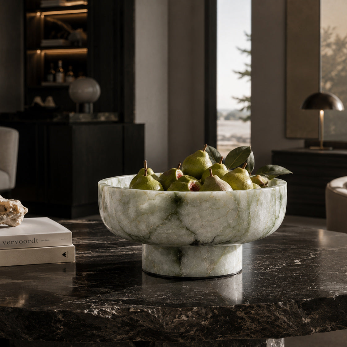 Terra Verde Marble pedestal bowl in a styled setting