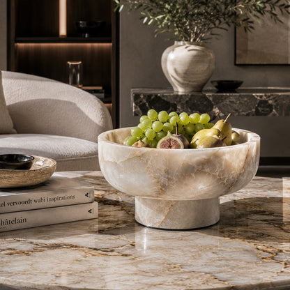 Terra White Alabaster pedestal bowl in a styled setting
