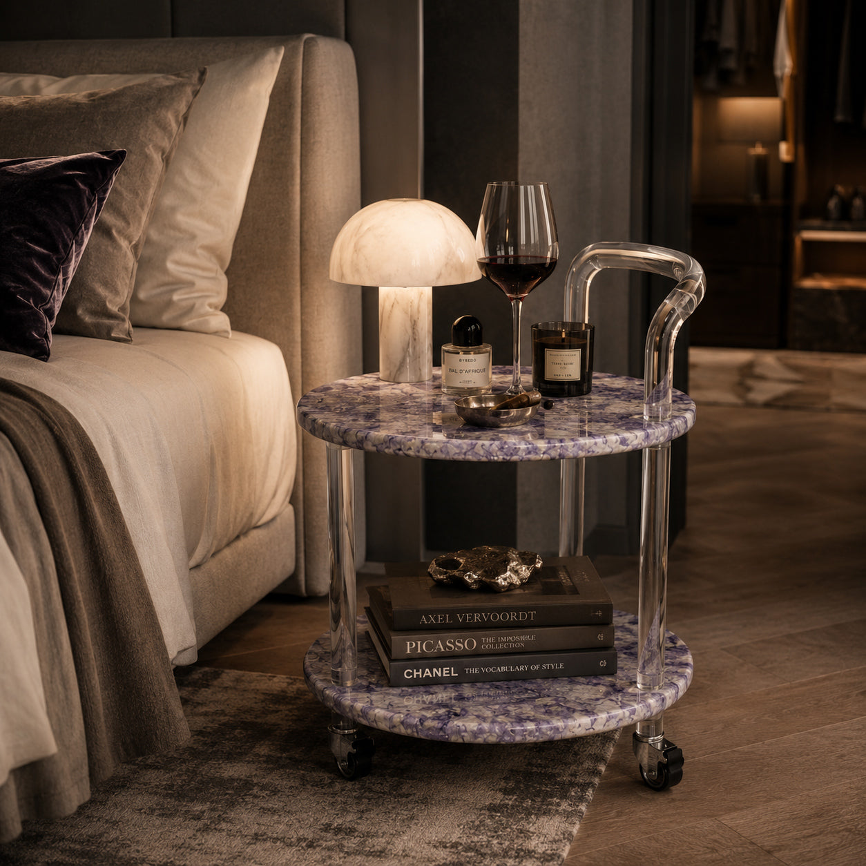 Sculptural Lavender Mist Stone Trolley Side View with 360 Caster Wheels