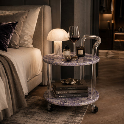 Sculptural Lavender Mist Stone Trolley Side View with 360 Caster Wheels
